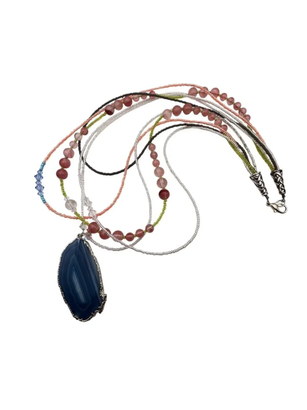 Blue Agate Slice Pendant Necklace Multistrand Beaded Boho Pink Green Glass Layer - Picture 9 of 15